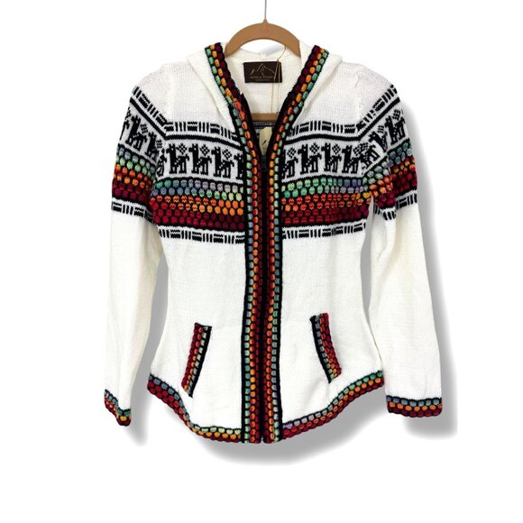 Alpaca Franco Sweaters - Alpaca White Multi-color Peruvian Wool Zip Cardigan Sweater‎ Hooded Pockets Sz M
